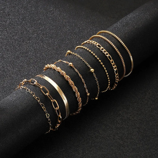 Gold and Silver Multi-Layer Metal Bracelets - 10-Piece Vintage Boho Style for Women